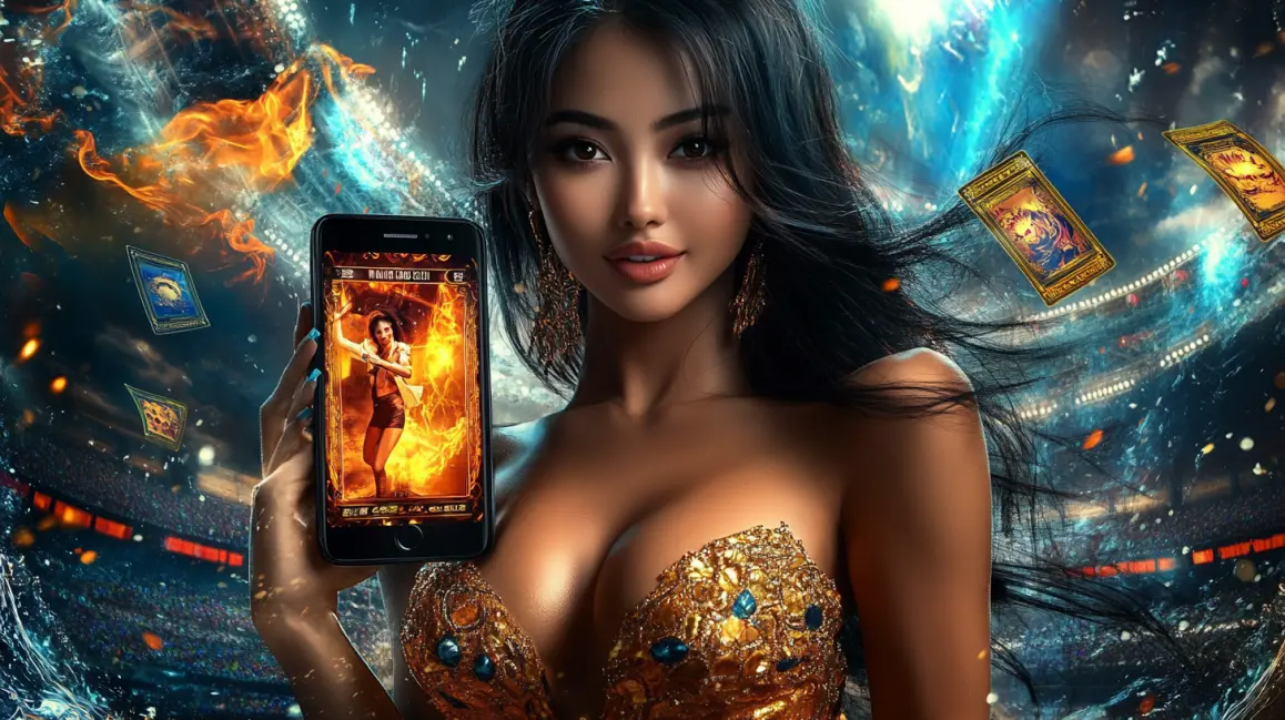     A woman with cat ears and a cheerful smile holds her phone, ready to place a bet on a sports match in a packed stadium with the easy-to-use 999BD mobile app.