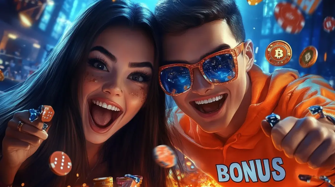 A happy couple in sunglasses celebrates winning with casino chips, with a 'BONUS' sign, showing the fun and social rewards you can get when you play together on 999BD.