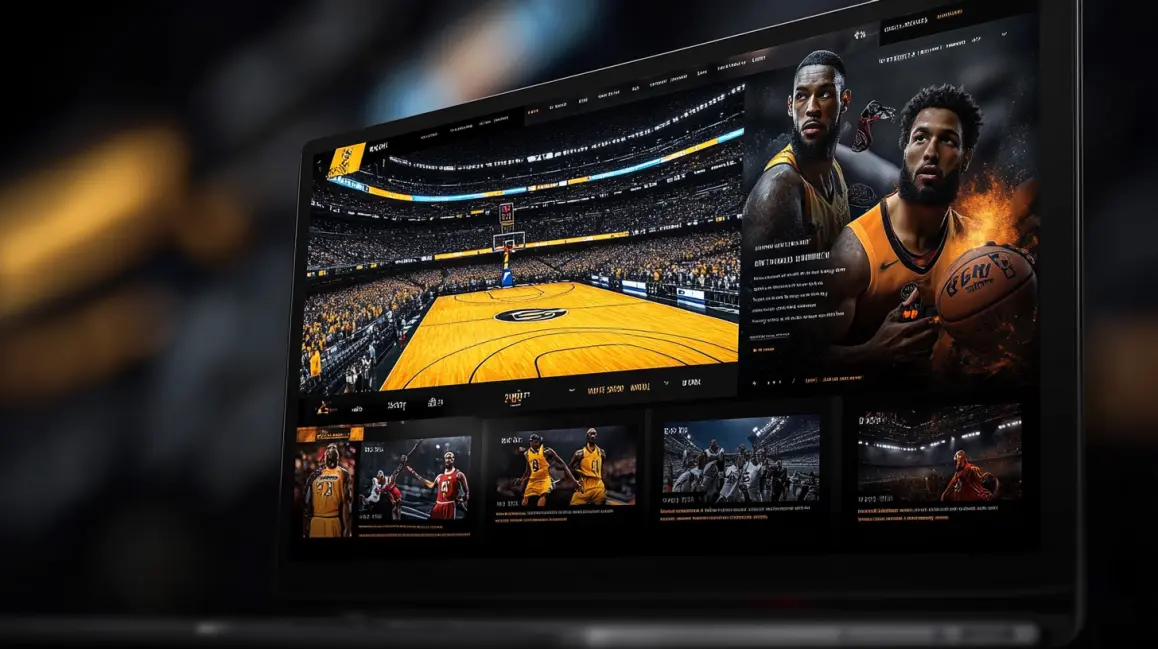 A woman with cat ears and blue hair holds a basketball, ready to bet on the big game using the high-tech 999BD mobile sports app in a futuristic arena.