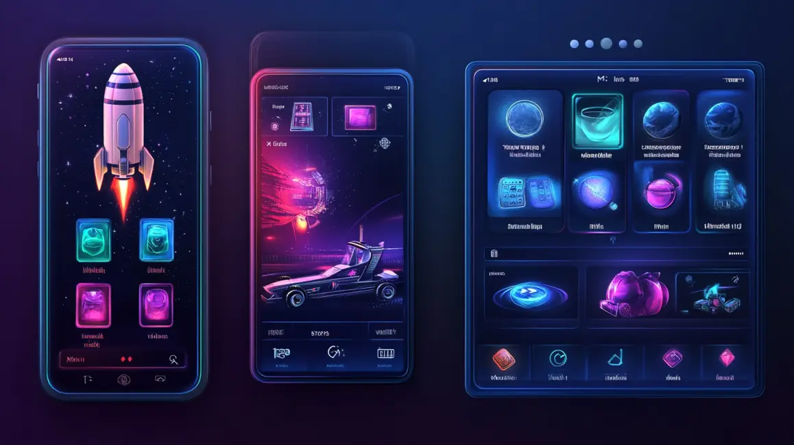 A futuristic interface with three devices showing a rocket, a car, and icons, representing the high-tech, multi-faceted gaming and betting platform of 999BD.