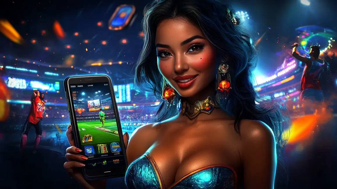 A woman holds a phone with a candy-themed game from the 999BD app, with the word 'APP' in large letters, inviting you to download and enjoy a world of sweet wins.
