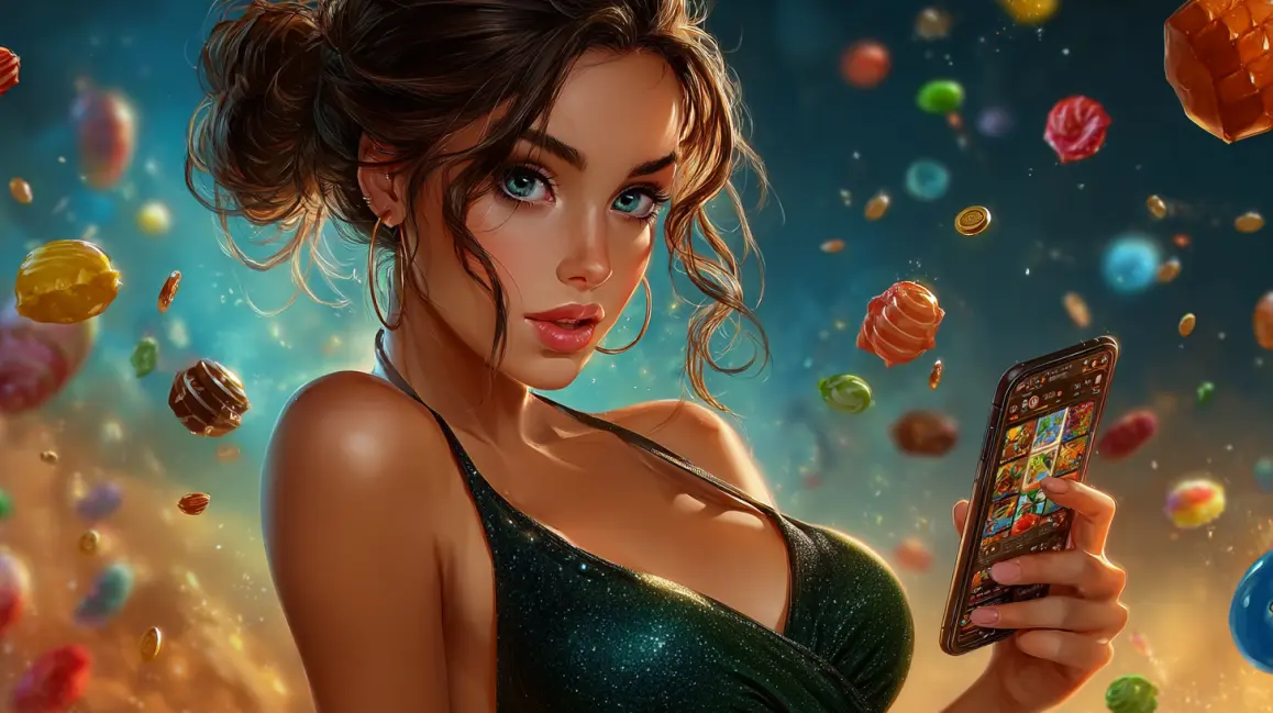 A woman in a green bikini holds a phone showing a mobile slot app, surrounded by candies, highlighting the fun and rewarding games you can play on the 999BD app.